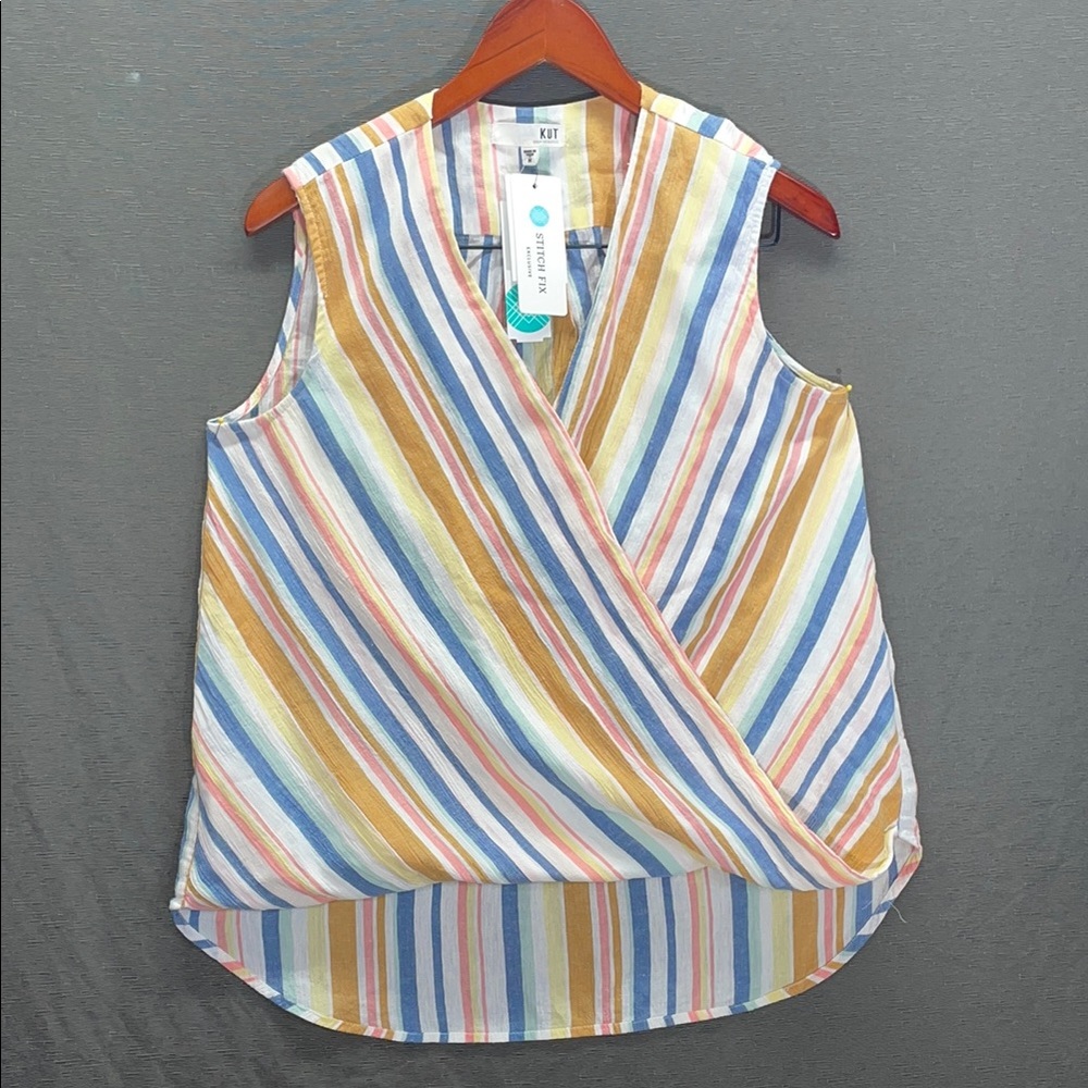 Kut from the Kloth Sleeveless Wrap Blouse in Blue and‎ Orange